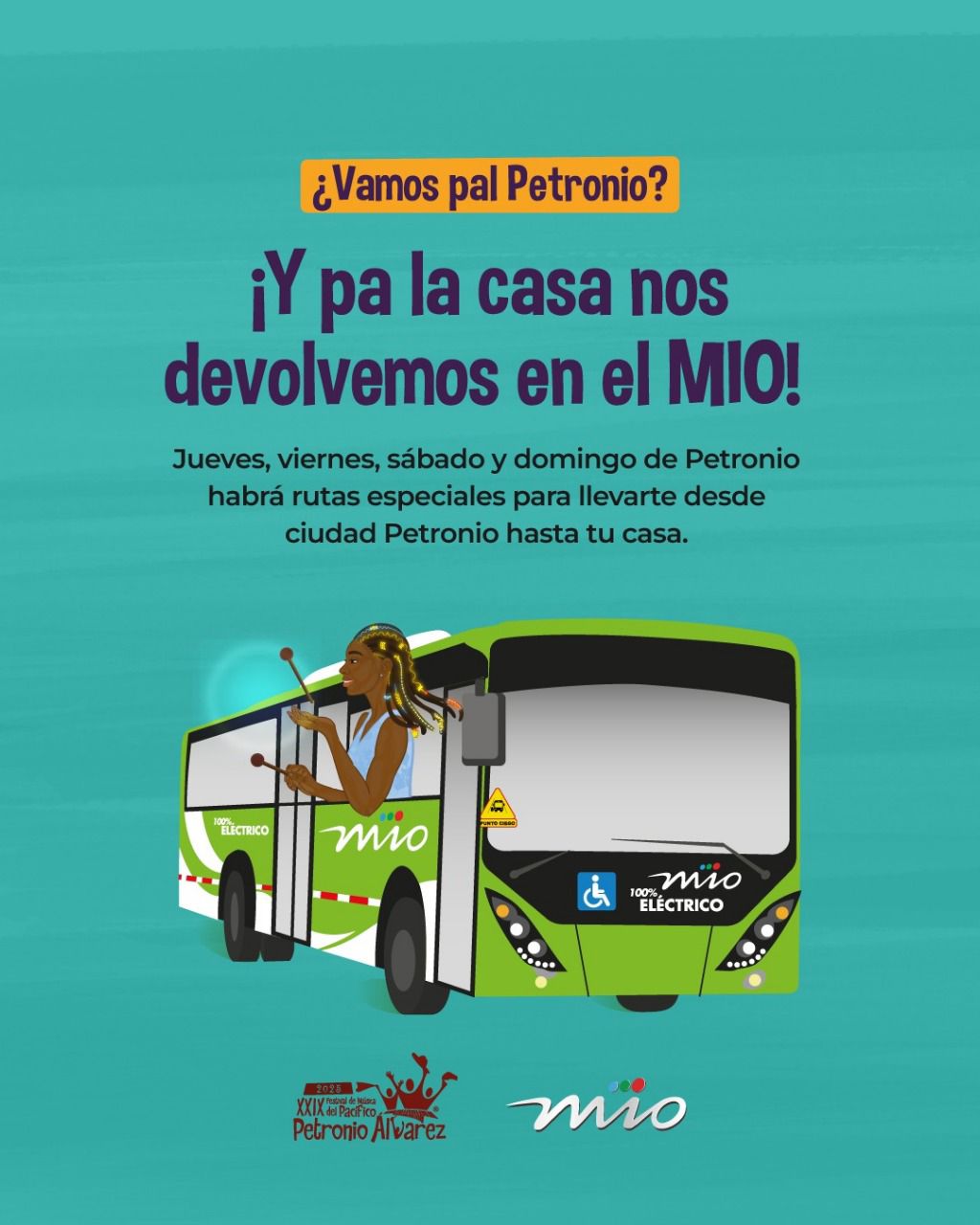 Imagen en la cual se ve un bus eléctrico, en él una persona con vestimenta alusiva al Petronio.